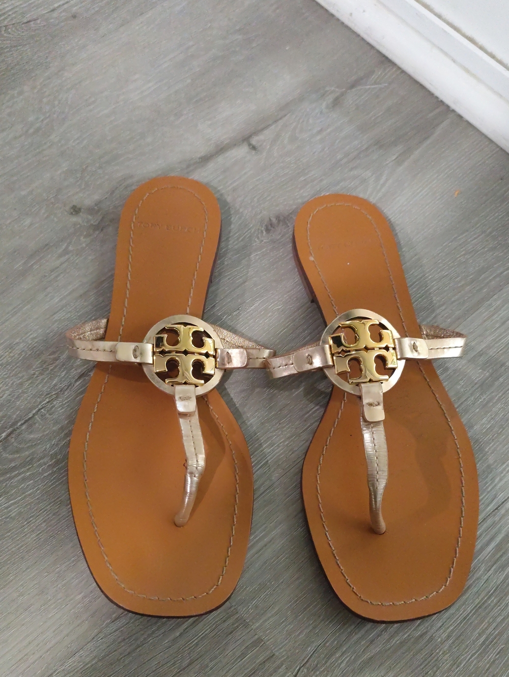 Tory Burch Metallic Gold Logo Thong Sandals with Tan Footbed